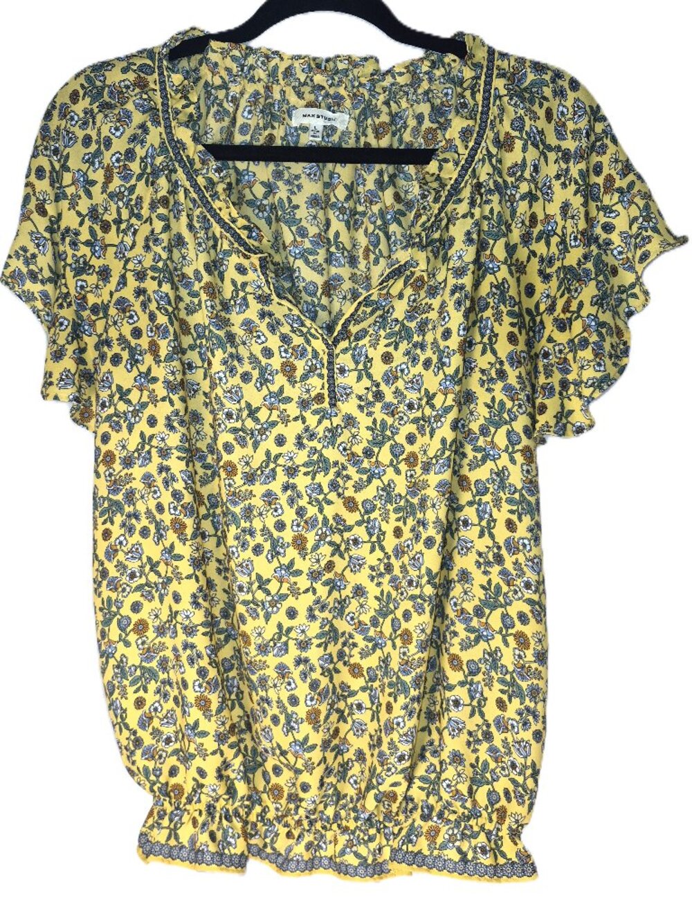 Max Studio Women's Sz Large Pullover, V-Neck Elastic Waist Yellow Floral Blouse